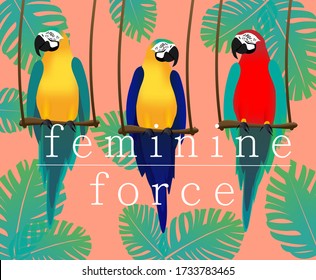 tropical theme for diversity with three different colored parrots with bohemian leaves on coral colored background - complementary contrast