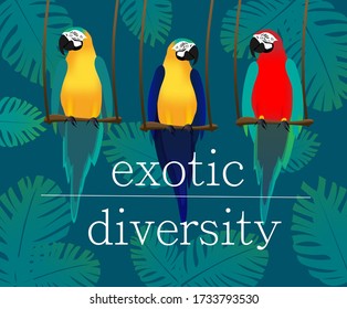 tropical theme for diversity with three different colored parrots with bohemian leaves 