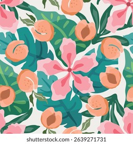 Tropical theme seam less pattern with pink flowers and peaches. Vector illustration.