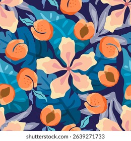 Tropical theme seam less pattern with pink flowers and peaches. Vector illustration.