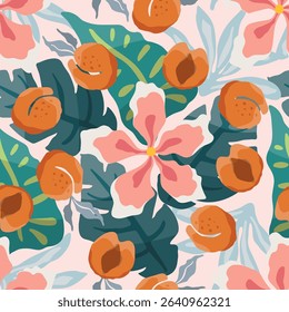 Tropical theme seam less pattern with pink flowers and peaches. Vector illustration.