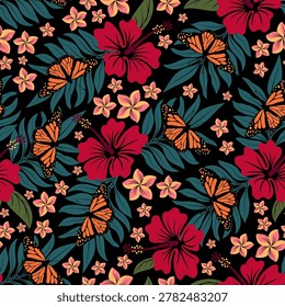 Tropical theme seamless pattern with butterflies, foliage, hibiscus and plumeria flowers. Vector illustration.