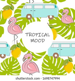 tropical theme seamless pattern with flamingos and lemon