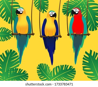 tropical theme with three parrots on wooden wing on bold yellow background with bohemian leaves