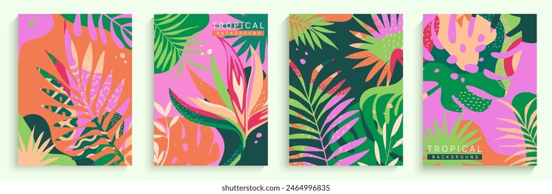 Tropical themed backgrounds.Summer bright banners,flyers, posters with tropical leaves.Palm, banana leaf, hibiscus, plumeria, split leaf, philodendron. Jungle collection for design.Template for print.