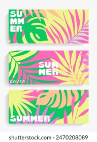 Tropical themed backgrounds.Summer bright horizontal banners,flyers, posters with tropical leaves.Palm leaves, monstera, jungle collection for design.Template for print, web. Vector illustration.