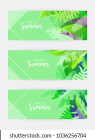 Tropical themed banners background set. Green palm leaves with linear geometric elements. Seasonal sale or promotional posters. Design template for print or web. Flat style vector illustration