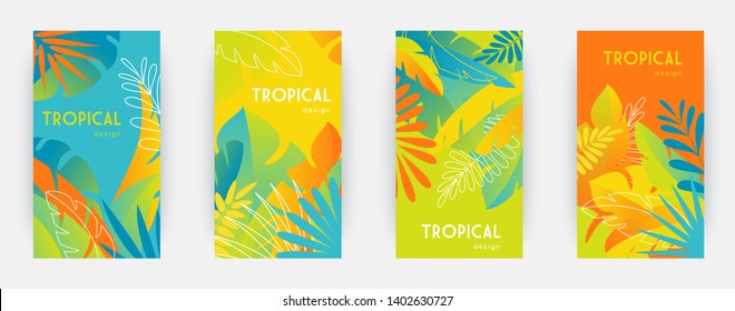Tropical themed banners set  Creative compositions colorful palm leaves   branches  Abstract geometric design templates for posters  covers  wallpapers and place for text  Flat style vector
