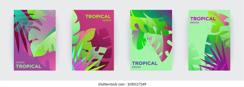 Tropical themed creative covers set.  Colorful compositions of palm leaves and halftone patterns. Geometric design templates with place for text. Flat style vector illustration