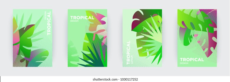 Tropical themed creative covers set.  Colorful compositions of palm leaves and halftone patterns. Geometric design templates with place for text. Flat style vector illustration