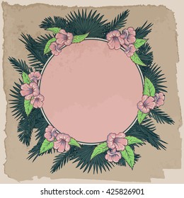 Tropical thicket. Palm tree leaves and yellow trumpetbush flowers wreath. Retro summer design template. Decorative symmetrical circular frame. EPS10 vector illustration.