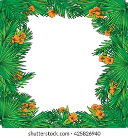 Tropical thicket. Palm tree leaves and yellow trumpetbush flowers frame. Summer design template. Decorative symmetrical border. EPS10 vector illustration.