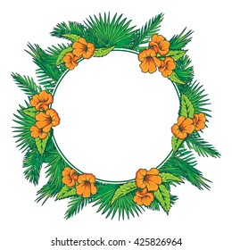 Tropical thicket. Palm tree leaves and yellow trumpetbush flowers wreath. Summer design template. Decorative symmetrical circular frame. EPS10 vector illustration.