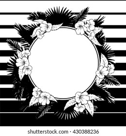 Tropical thicket. Palm tree leaves and trumpetbush flowers wreath. Trendy black and white background summer design template. Decorative circular frame. EPS10 vector illustration.