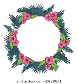 Tropical thicket. Palm tree leaves and  trumpetbush flowers wreath. Trendy white background summer design template. Decorative symmetrical circular frame. EPS10 vector illustration.