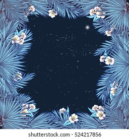 Tropical thicket. Palm tree leaves and yellow trumpetbush flowers frame. Summer design template. Decorative symmetrical border. EPS10 vector illustration.