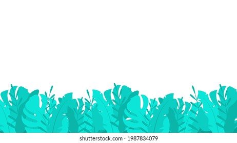 Tropical thickets plants background. Turquoise lush leaves with impenetrable bright vegetation. Natural horizontal landscape banner with wild vector bush
