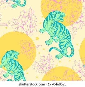 Tropical tiger pattern with ethnic flowers and pastel colors