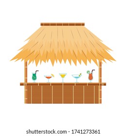Tropical tiki bar hut with cocktail drinks on counter - exotic straw beach cafe for summer vacation resort isolated on white background. Flat vector illustration.