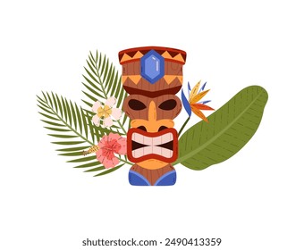 Tropical Tiki mask decorated with lush tropical leaves and vibrant flowers, reminiscent of Polynesian style in a flat cartoon image. Ideal for themed decor.