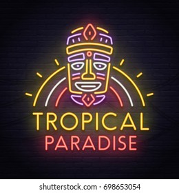 Tropical Tiki mask neon sign. Neon sign, bright signboard, light banner. 