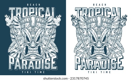 Tropical Tiki mask poster monochrome with totem of indigenous peoples island in form idol face and fire torches vector illustration