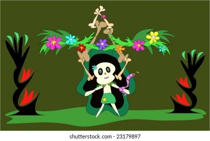 Tropical Tiki Skull with Fire Torches Vector