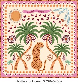 Tropical tile with palm tree and leopard. Summer scarf design, square seamless pattern. Hand drawn ethnic geometric ornament jungle elements, animal skin spots, sun. Vector background, textile design.