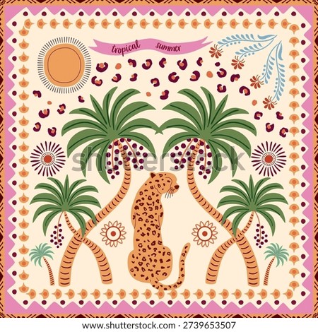 Tropical tile with palm tree and leopard. Summer scarf design, square seamless pattern. Hand drawn ethnic geometric ornament jungle elements, animal skin spots, sun. Vector background, textile design.