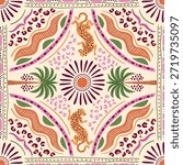 Tropical tile, scarf, square seamless pattern with jungle elements, palm tree, leopard, waves, stripes, geometric ornament, ethnic element, summer vacation print. Vector background, textile design.