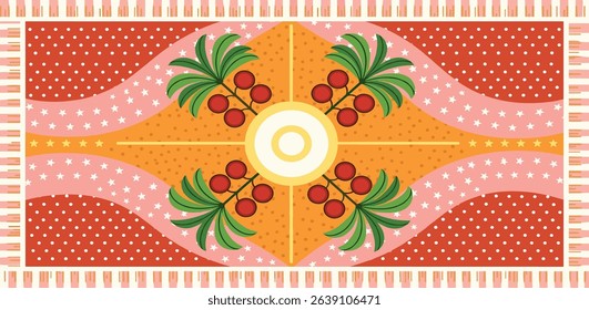 Tropical tile, scarf, square seamless pattern with palm trees, waves, stripes, geometric ornament, ethnic elements, summer vacation print.