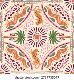 Telha tropical, cachecol, padrão quadrado sem costura com elementos de selva, palmeira, leopardo, ondas, listras, ornamento geométrico, elemento étnico, impressão de férias de verão. Fundo do vetor, design têxtil.