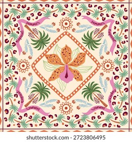 Azulejo tropical, bufanda, patrón cuadrado sin fisuras con hojas de la selva, palmera, orquídea de flores tropicales, rayas, Elementos geométricos, impresión de vacaciones de verano. Fondo de Vector, diseño textil de la playa de Hawaii.