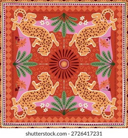 Telha tropical, cachecol, padrão quadrado sem emenda com flores de selva, leopardo, ondas, listras, ornamento geométrico, elemento étnico, impressão de férias de verão. Fundo vetor bonito, design têxtil, papel de parede