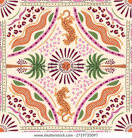 Tropical tile, scarf, square seamless pattern with jungle elements, palm tree, leopard, waves, stripes, geometric ornament, ethnic element, summer vacation print. Vector background, textile design.