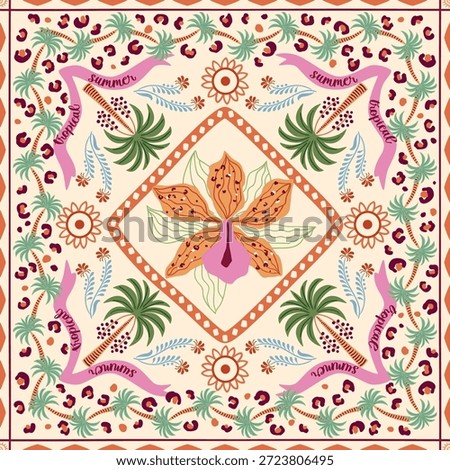 Tropical tile, scarf, square seamless pattern with jungle leaves, palm tree, tropical flower orchid, stripes, geometric elements, summer vacation print. Vector background, Hawaii beach textile design.