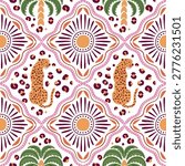 Tropical tile seamless pattern with jungle palm tree, leopard, ethnic sun, stripes, geometric ornament, summer vacation print. Hand drawn vector repeat background, textile design, checkered wallpaper