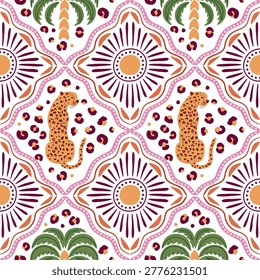 Tropical tile seamless pattern with jungle palm tree, leopard, ethnic sun, stripes, geometric ornament, summer vacation print. Hand drawn vector repeat background, textile design, checkered wallpaper