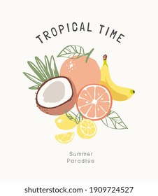 tropical time slogan with tropical fruits illustration