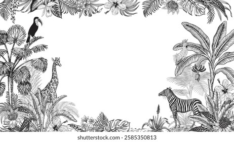 Tropical toile zebra, giraffe, animal, toucan, parrot, palm trees, banana tree, palm leaves, hibiscus flower botanical frame. Jungle landscape mural.