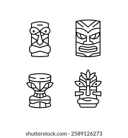 Tropical totem icons. Set of 4 trendy minimal tropical icons. Tiki Mask, Sandcastle icon. Design signs for web page, mobile app, packaging design. Vector illustration