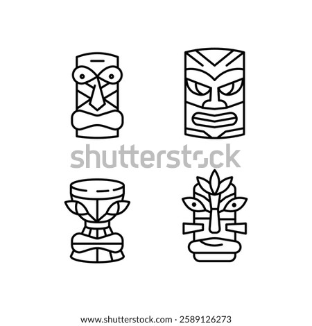 Tropical totem icons. Set of 4 trendy minimal tropical icons. Tiki Mask, Sandcastle icon. Design signs for web page, mobile app, packaging design. Vector illustration