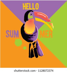 Tropical Toucan bird with grunge elements and ink drops. Wild exotic animal. Text Hello Summer. Vector illustration.