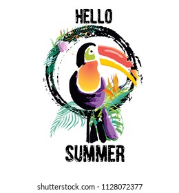 Tropical Toucan bird with grunge elements and ink drops. Wild exotic animal. Text Hello Summer. Vector illustration.