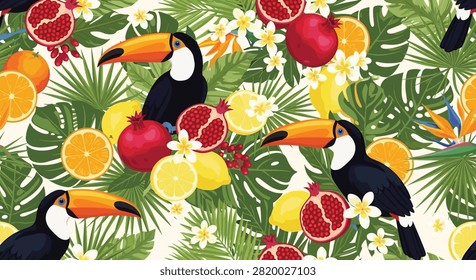 Tropical toucan bird seamless pattern with exotic fruits such as pomegranate and oranges surrounded by jungle palm foliage.