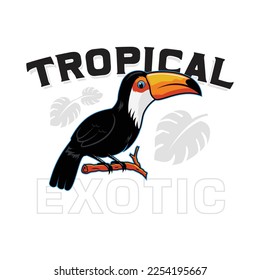 Tropical Toucan bird standing in branch exotic design illustration for T-shirt, sticker, poster etc