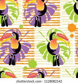 Tropical Toucan bird. Wild exotic animal. Seamless pattern. Vector illustration. 