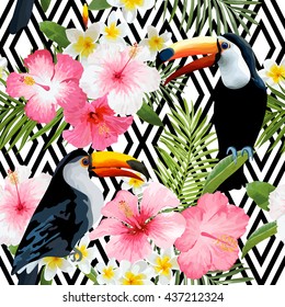 Tropical Toucan Birds and Flowers. Geometric Background. Vintage Seamless Pattern.  Vector 