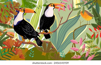 Tropical toucan birds on branch, forest on background hand drawn vector illustration.
