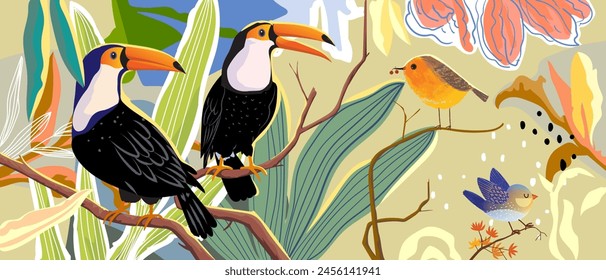 Tropical toucan birds on branch, forest on background hand drawn vector illustration.